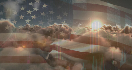 Image of data processing over clouds and flag of america
