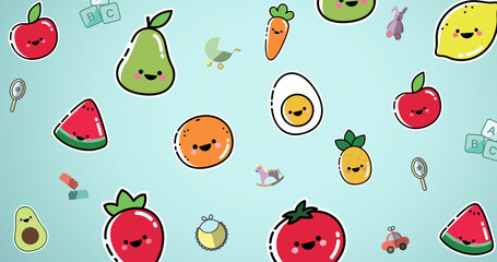 Image of cartoon fruits and vegetables moving over blue background