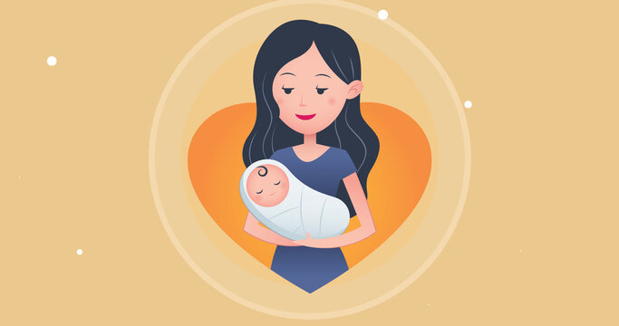 Image of mother and newborn over heart and circle on yellow background with white dots