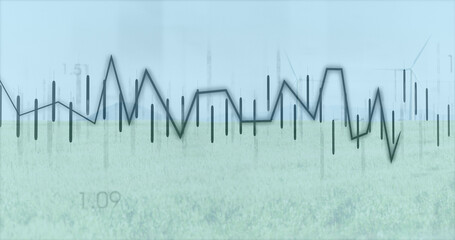 Image of financial data processing over wind turbines and landscape