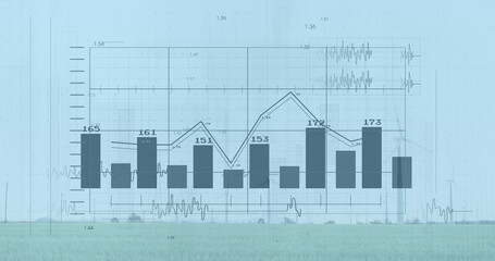 Naklejka premium Image of financial data processing over wind turbines and landscape