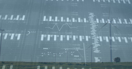 Image of financial data processing over wind turbines and landscape