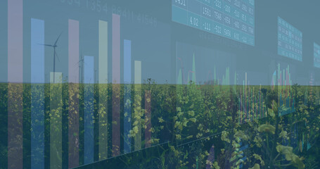 Image of financial data processing over wind turbines and landscape