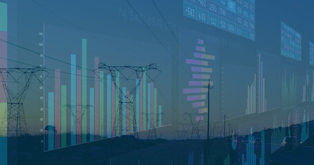 Image of financial data processing over electricity pylons and landscape