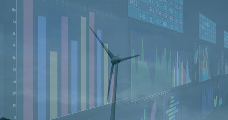 Image of financial data processing over wind turbine