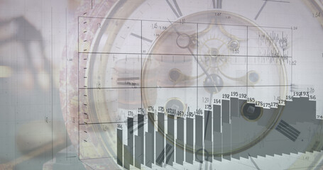 Image of financial data processing over clock