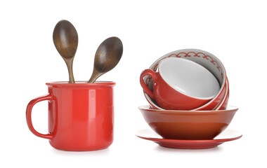 Set of stylish dinnerware on white background