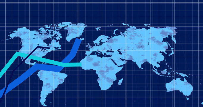 Image of financial data processing over world map on blue background