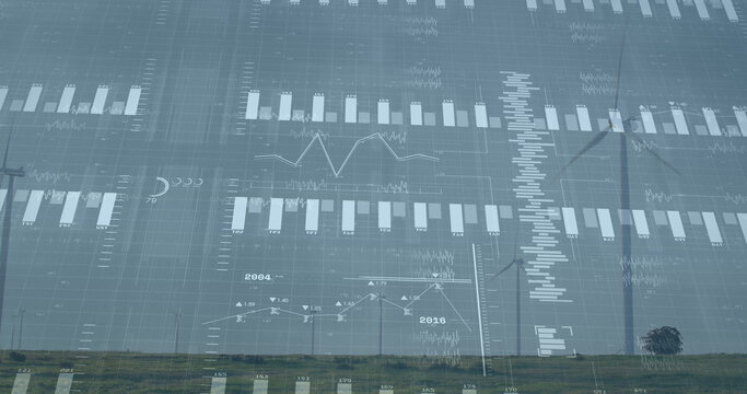 Image of financial data processing over wind turbines and landscape