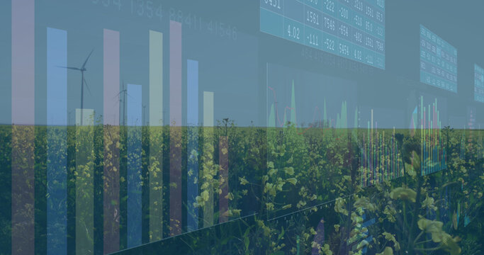 Image of financial data processing over wind turbines and landscape