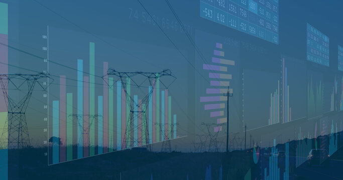 Image of financial data processing over electricity pylons and landscape