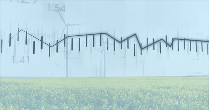 Image of financial data processing over wind turbines and landscape