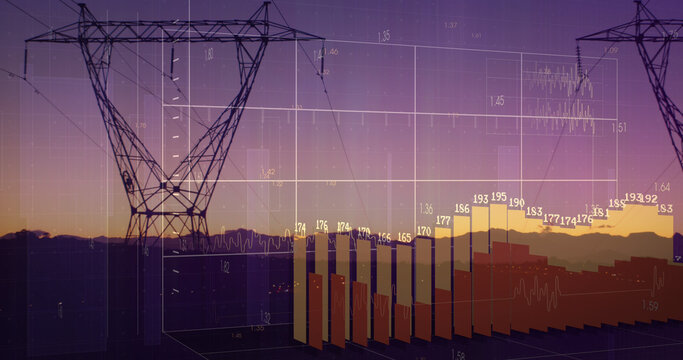 Image of financial data processing over electricity pylons and landscape