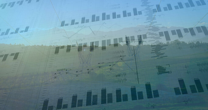 Image of financial data processing over electricity pylons and landscape