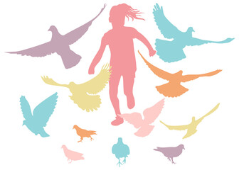Running girl chases birds pigeons, beautiful colorful silhouette. Carefree childhood. Vector illustration