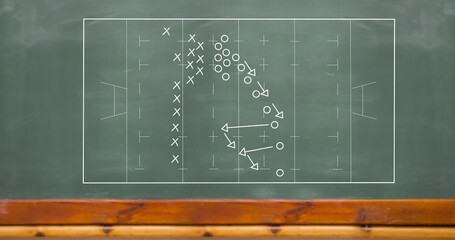 Image of sports tactics over rugby field on chalkboard background