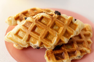 Croffle or waffle dessert. Fresh baked croffle. closeup. Selective focus