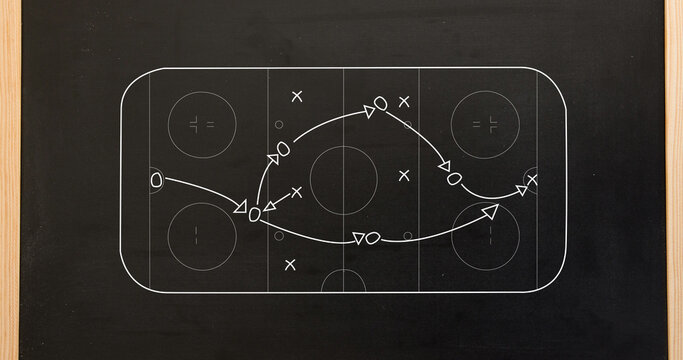 Image of sports tactics over football field on black background