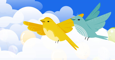 Image of birds icons and balloons over clouds on blue background