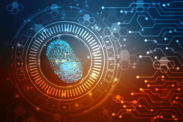 Abstract security system concept with fingerprint on technology background, Fingerprint Scanning Identification System. Biometric Authorization and Business Security Concept