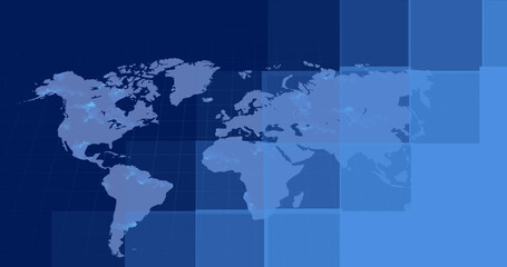 Fototapeta na wymiar Image of squares and world map on blue background