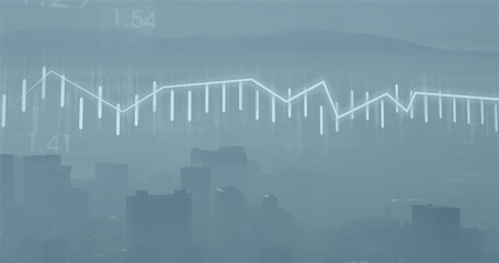 Image of financial data processing over cityscape