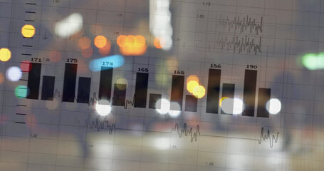 Image of financial data processing over cityscape