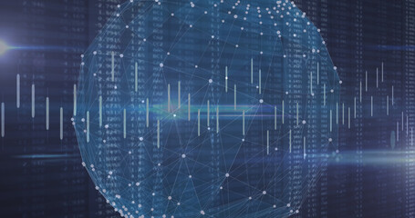 Image of financial data processing over globe on black background
