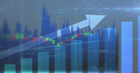 Image of financial data processing on blue background