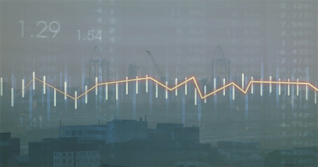 Image of financial data processing over cityscape