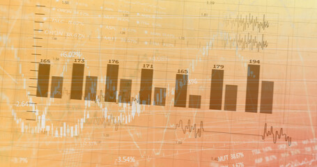 Image of financial data processing on orange background