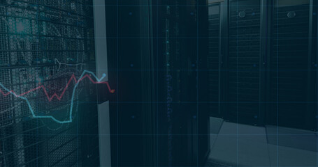 Image of financial data processing over server room
