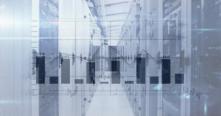 Image of financial data processing over server room