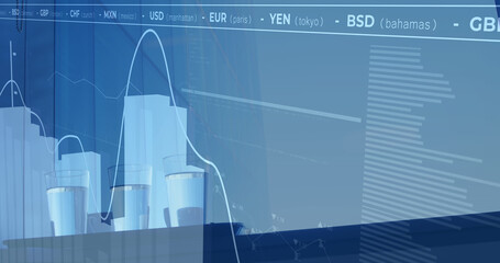 Image of financial data processing over glasses of water