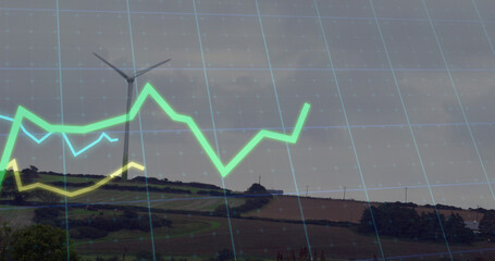 Image of financial data processing over wind turbines and landscape