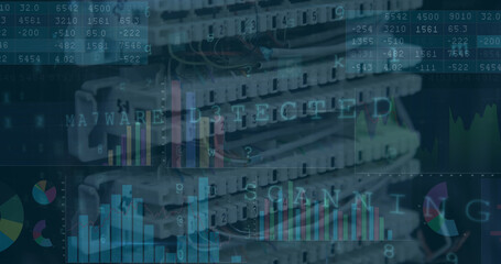 Image of financial data processing over server room
