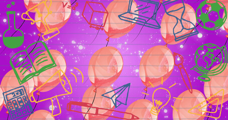 Image of school items icons over balloons on purple background
