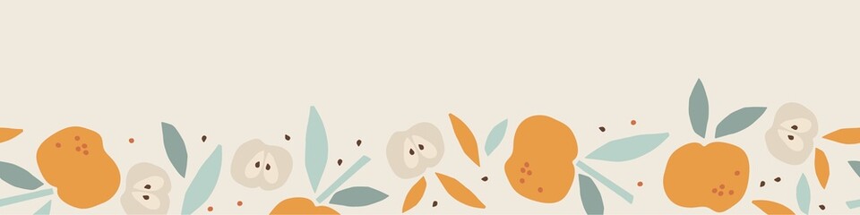 Seamless apple border. Fruits with leaf hand drawn sketch isolated. Whole fruit and cut half. Silhouette vector illustration for wallpaper. Food template for menu, cover, nursery design