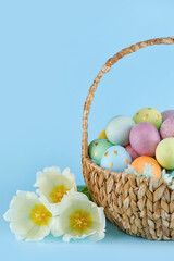 Wicker basket of painted Easter eggs and flowers on blue background