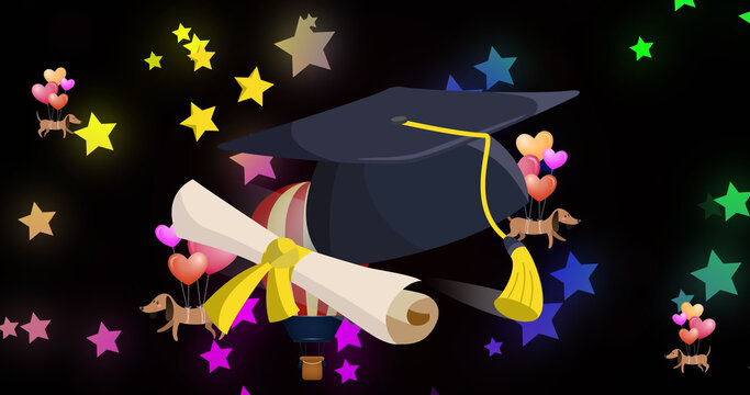 Image of graduation cap over balloons and stars on black background