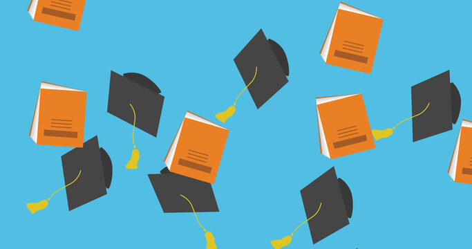 Image of graduation caps and books falling on blue background
