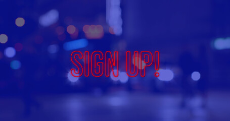 Fototapeta na wymiar Image of sign up text over cityscape at night on blue background