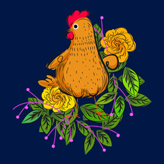 Cute colorful bird on leaves, flower,branch, vector illustration.