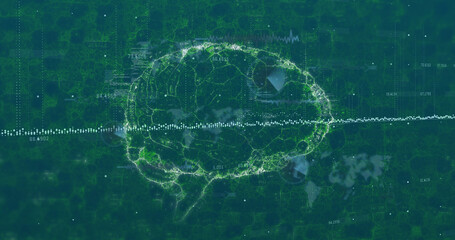 Image of data processing and human brain spinning over digital screen