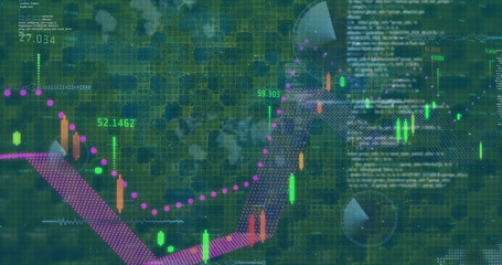 Image of data processing and world map over digital screen