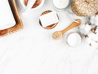 Various eco frendly items from bathroom for face and body care and hygiene on white marble background.