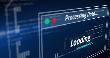 Image of data processing with loading bar on blue background
