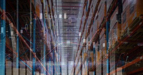 Image of financial data processing over empty warehouse
