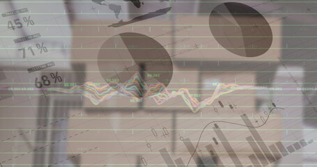 Image of financial data processing over empty warehouse