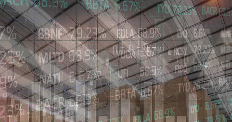 Image of financial data processing and stock market over empty warehouse